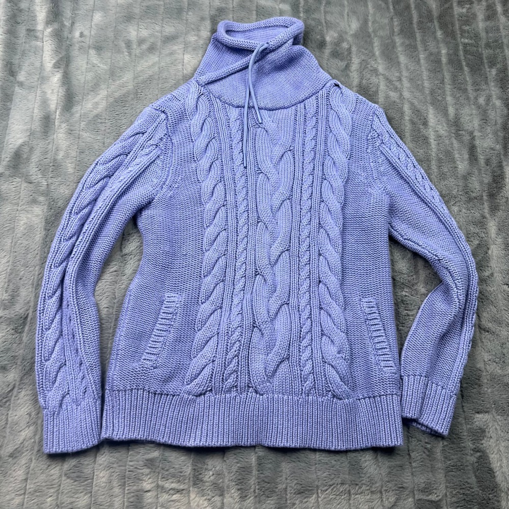 LL Bean Womens Large Periwinkle Blue Cable Knit Cotton Turtleneck Sweater 513958